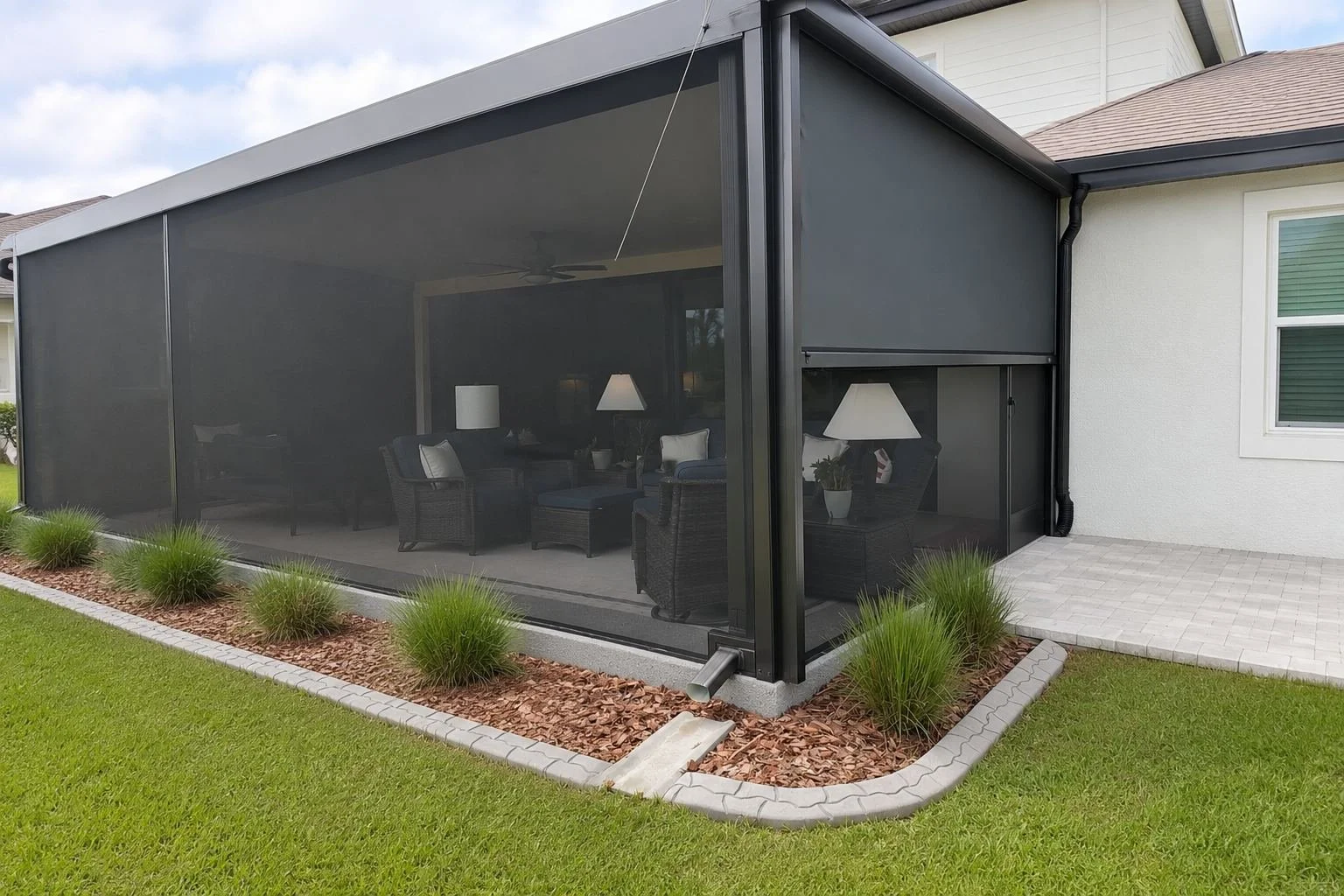 Rear view of screened-in porch with outdoor furniture and landscaping.