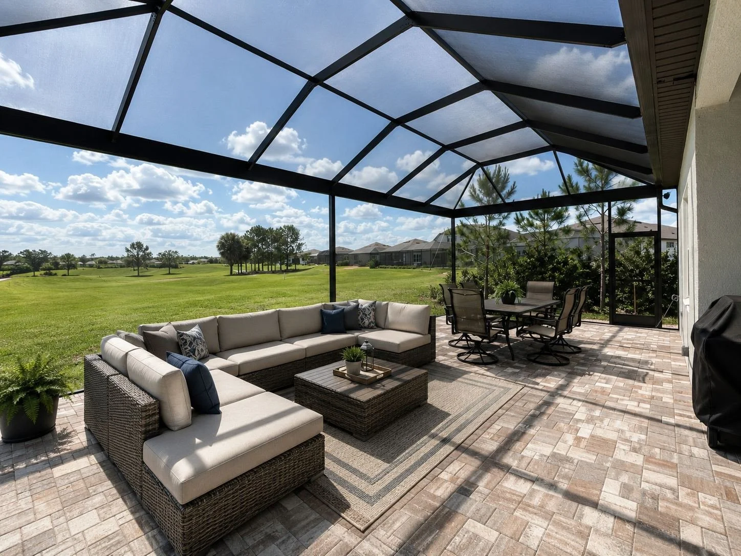 Patio area with outdoor furniture under screened enclosure, including a sectional sofa with pillows, a coffee table, and a dining table with chairs, overlooking a grassy landscape with trees and houses in the distance on a sunny day.