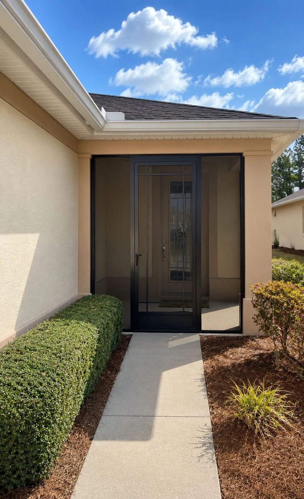 Front porch of a house with a screened door, concrete walkway, trimmed bushes, and a blue sky with some clouds.