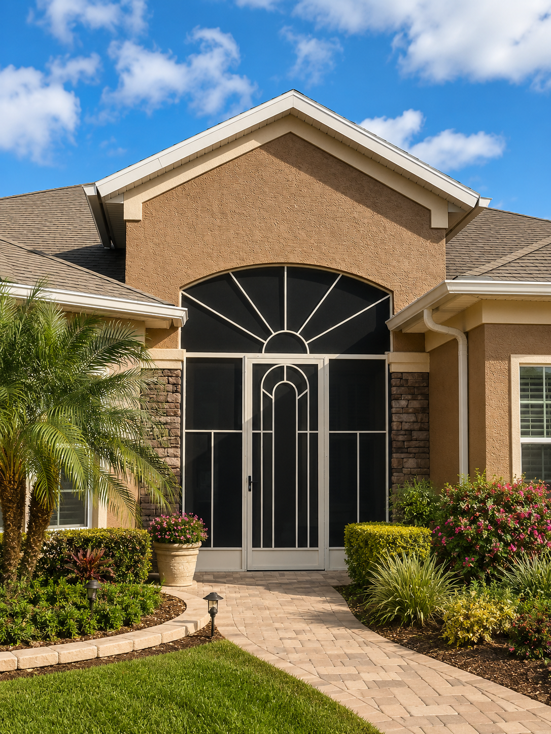 Front view of a house with a screened front porch, brick and stucco exterior, landscaped garden, and blue sky with clouds.