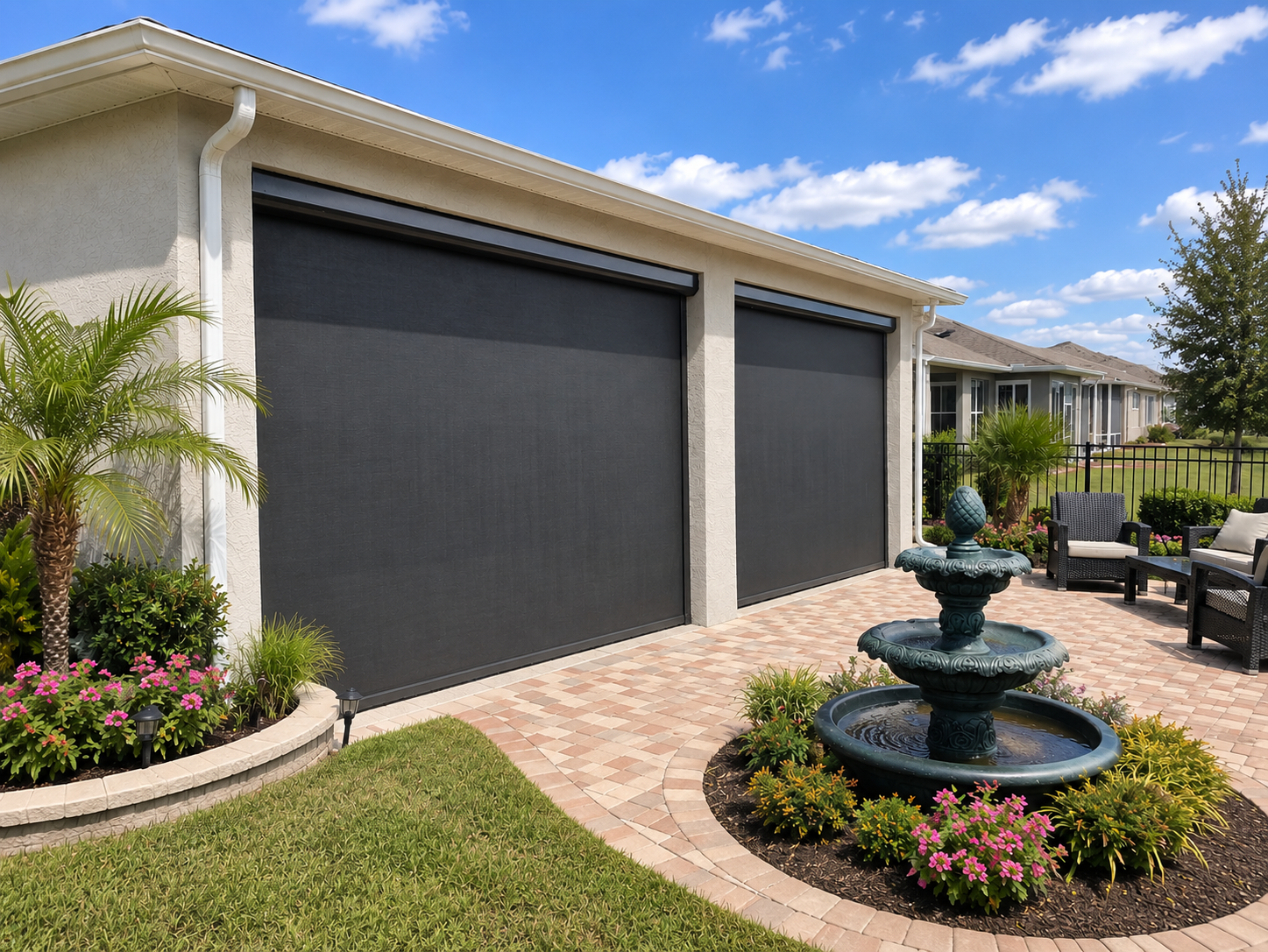 Backyard patio with two closed black retractable screens, a decorative fountain, garden flowers, outdoor seating, and a lawn under a partly cloudy sky.
