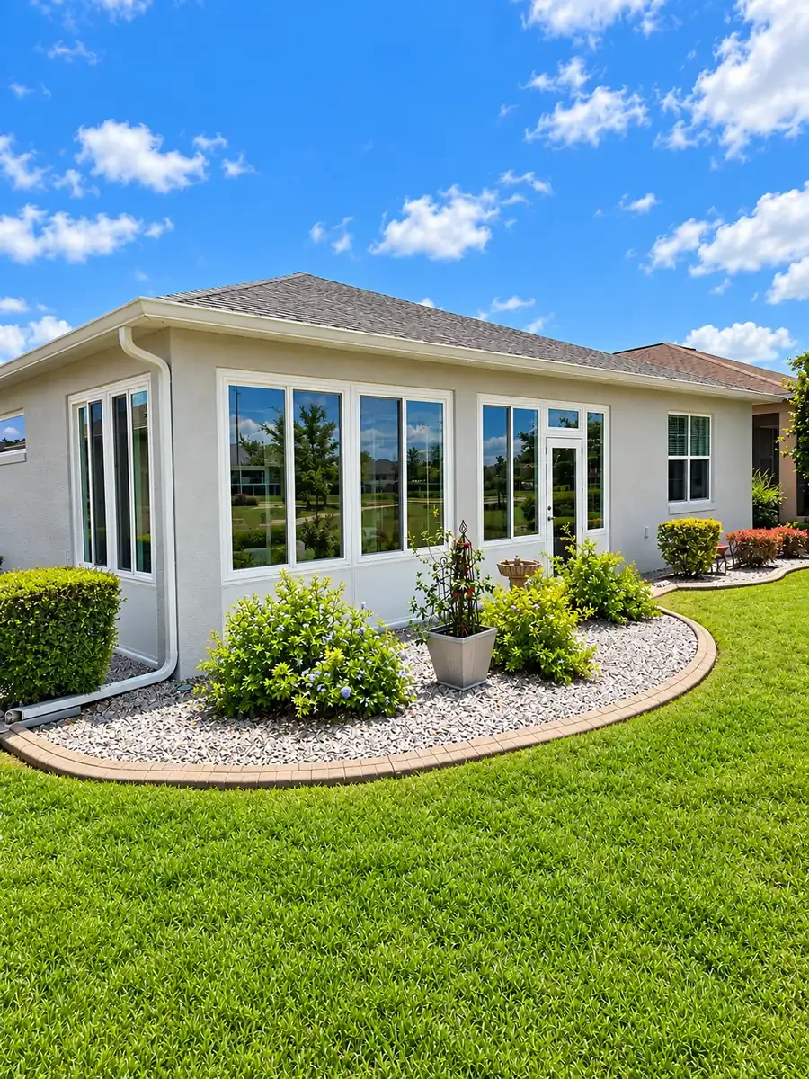 Backyard with a small white house, large windows, green lawn, landscaped garden bed with plants and gravel, under a blue sky with scattered clouds.