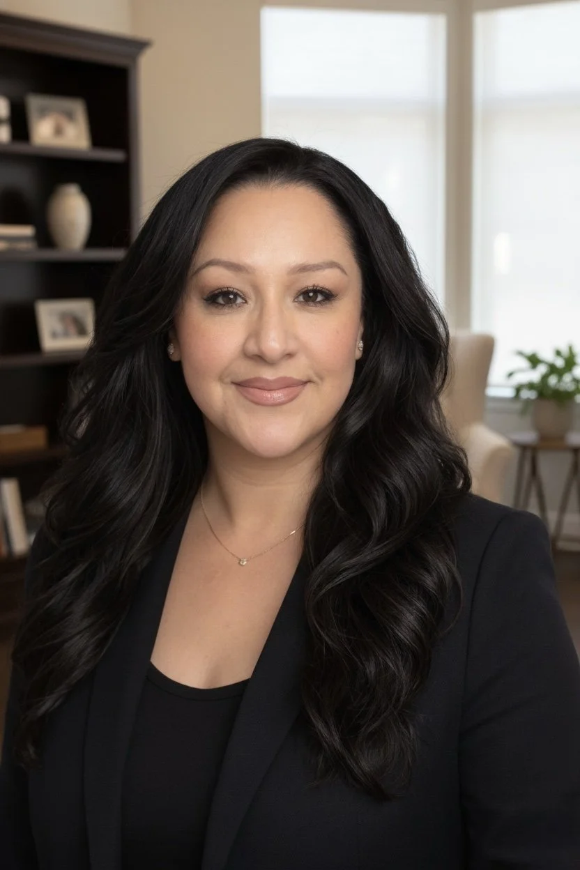 A woman with long black hair smiling, sitting in a well-lit room with a bookshelf and window in the background.