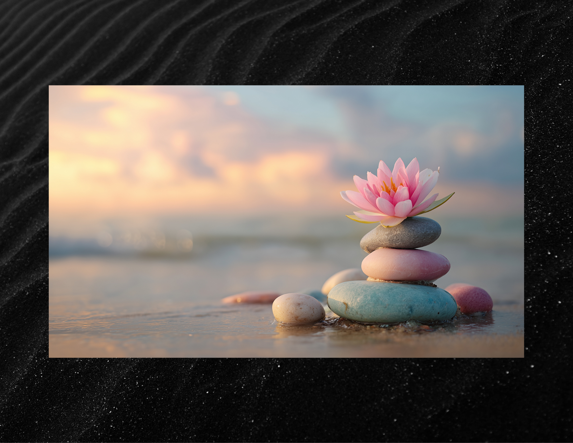 Pink water lily flower atop a stack of smooth colorful stones on the beach at sunset.