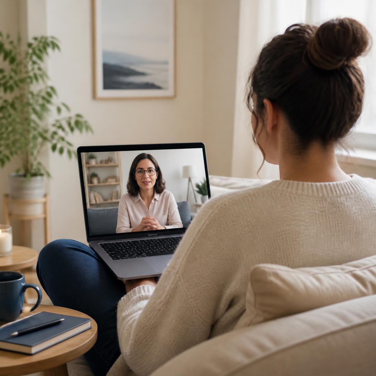 Woman on a video therapy call with her therapist from a cozy living room, virtual grief and trauma counseling for women in Texas