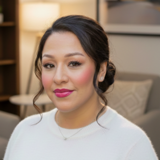 A woman with dark hair styled in a loose updo, wearing a white top and pink lipstick, smiling softly in a cozy indoor setting.