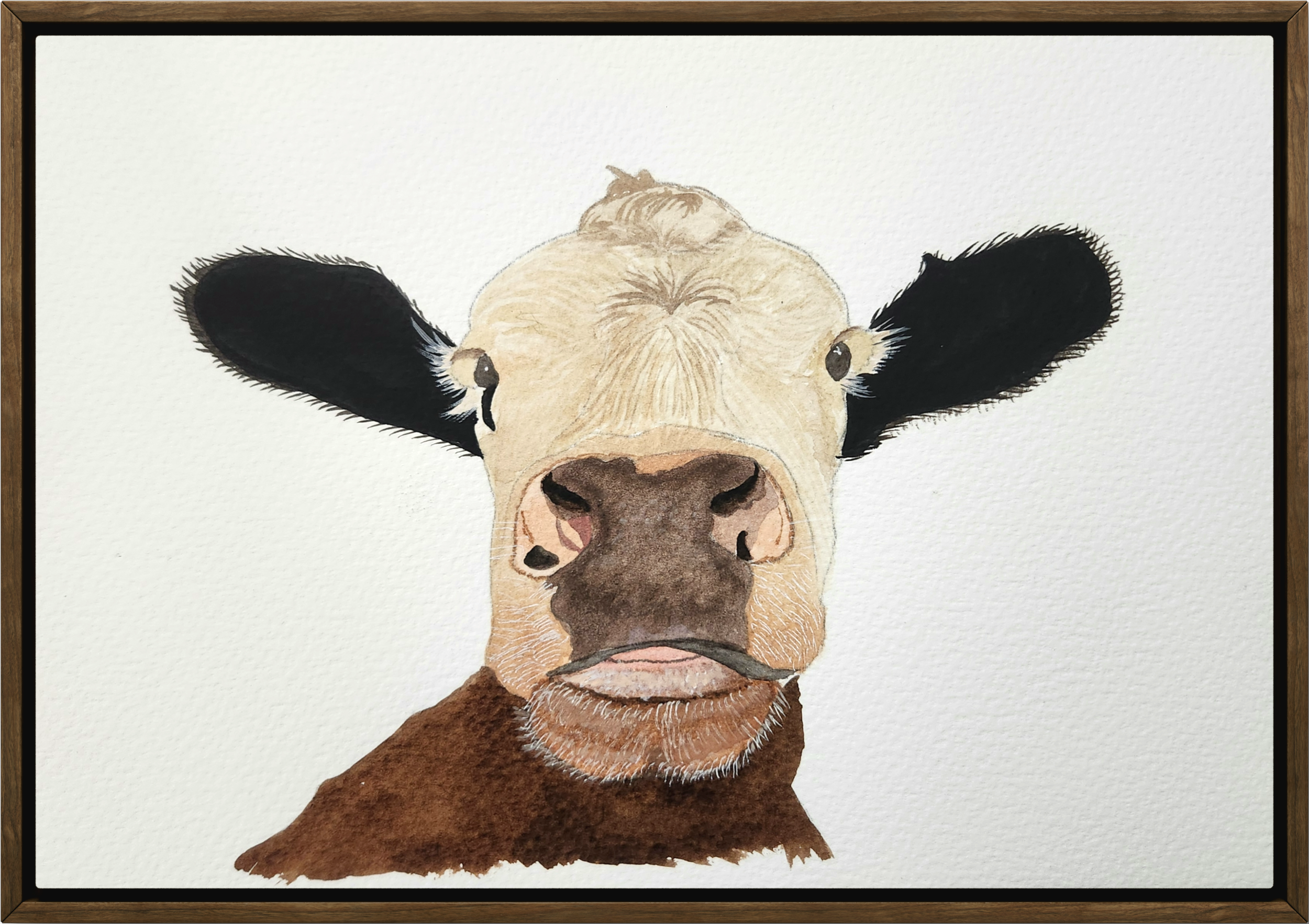 A watercolor painting of a cow's face, with a focus on its nose and eyes, on a white background.