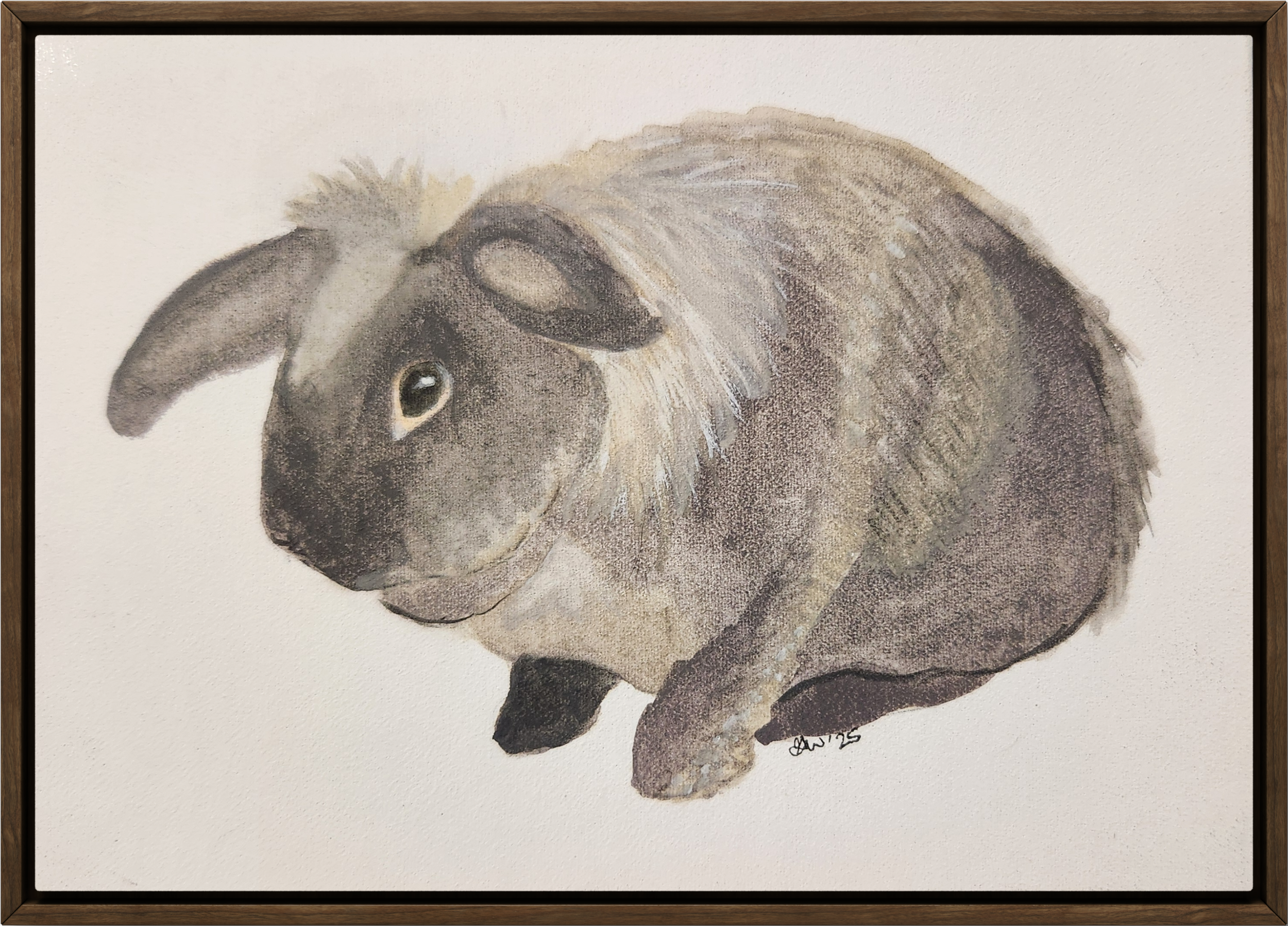 Watercolor painting of a brown and gray rabbit with long ears, one ear slightly bent, and dark eyes, framed in a wooden border.