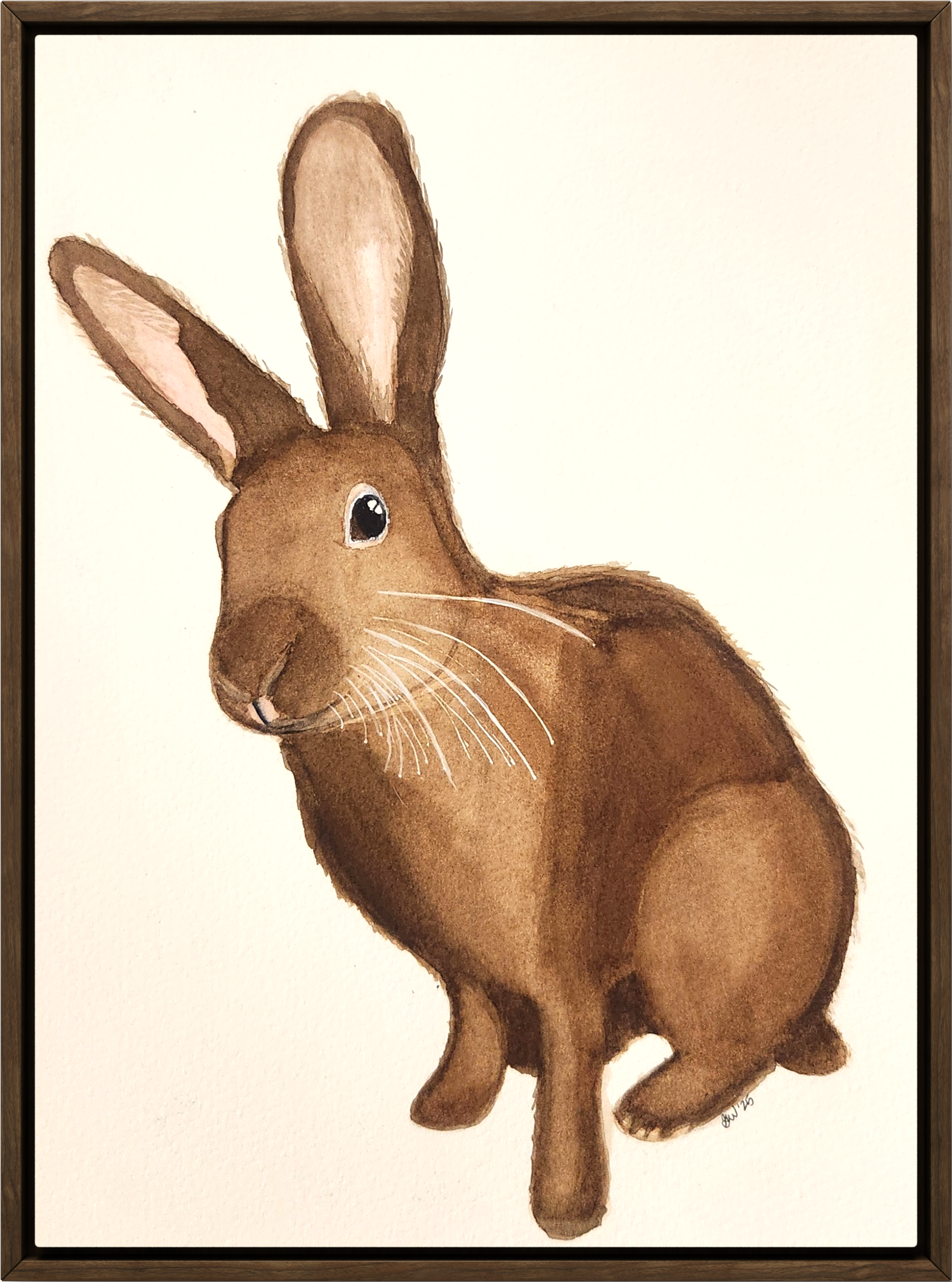 Watercolor painting of a brown rabbit with pink inside its ears, white whiskers, and big black eyes, on a white background, framed in wood.