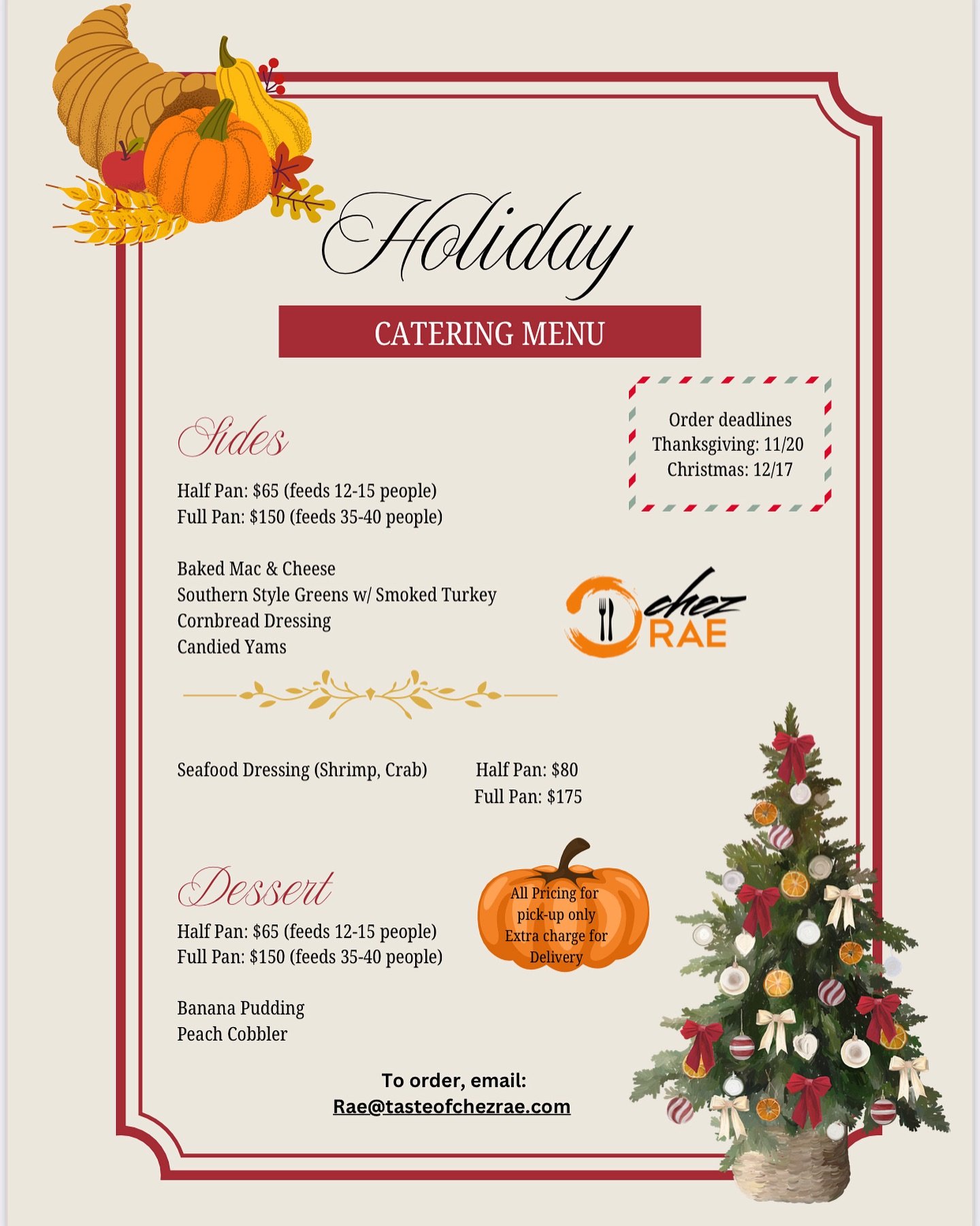 Make your holiday gatherings unforgettable with our delicious sides! 🎉 Place your catering order now for a stress-free celebration. Email us today to secure your pickup! Happy Holidays from our family to yours! #Thanksgiving #Christmas #Holidays #Ca