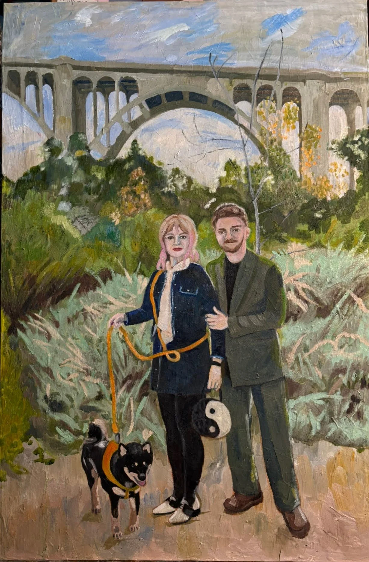 Pasadena Wedding Portrait; South Arroyo, Friday December 13, 2024, a formalized domestication (2025) Oil and pastel on sized muslin panel with brown paper maché. 24 x 36 in.