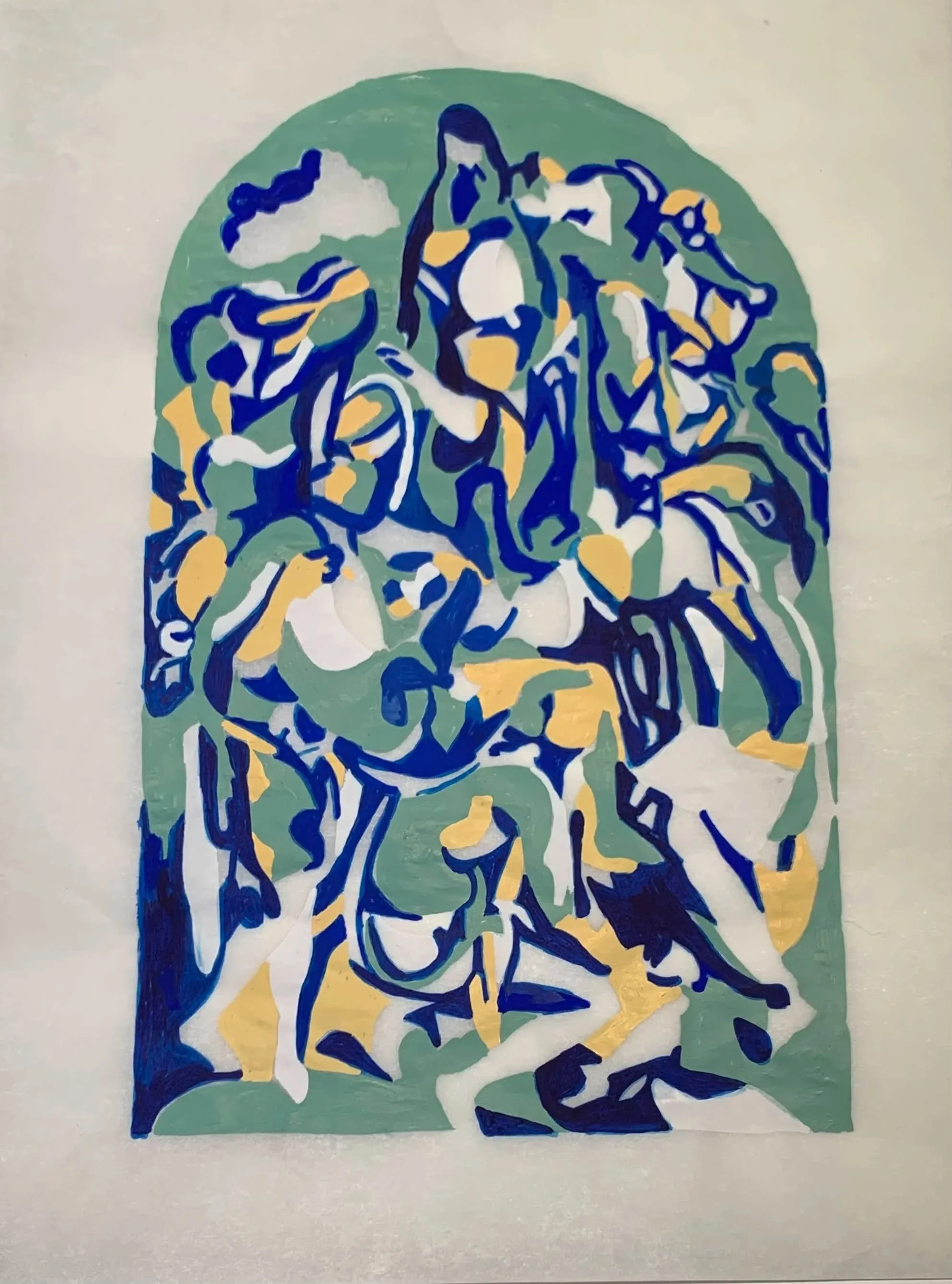 Study: Lamentation Abstraction No. 11 (Pthalo Blue, Naples Yellow, Ultramarine) (2022) Gouache on parchment paper. 9 x 12 in.