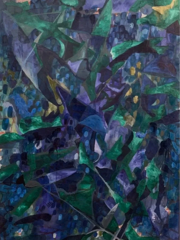 Roaring Springs Series; "Closing your eyes doesn't change anything" (2020-21) 36 x 48 in. Torn paper collage, acrylic, and oil paint on wood panel. 36 x 48 in. (Carefully stored in home of Josh and Christi Jones Golding) An abstraction of a cyanotype