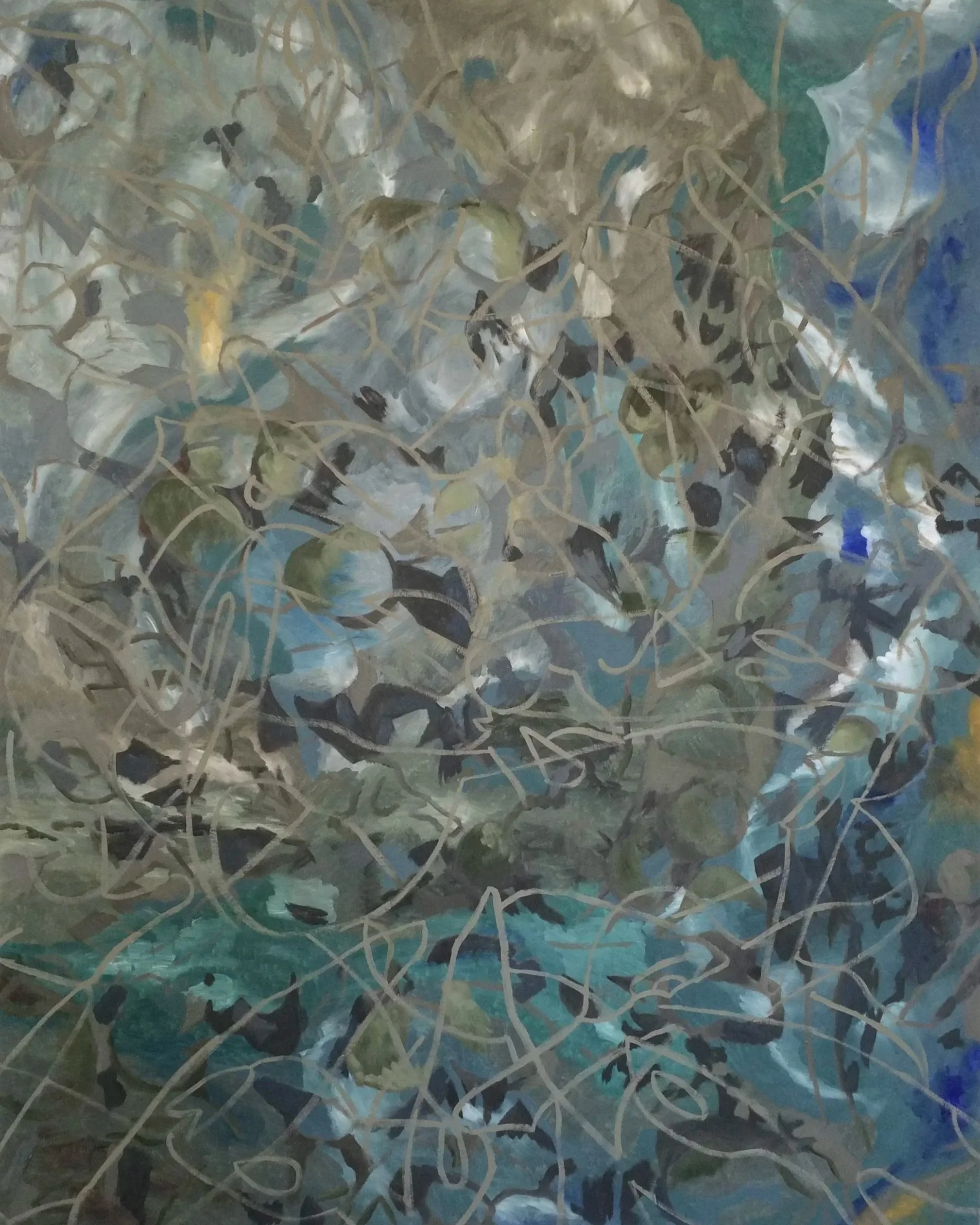 Balance: Meting Obsession (2016) Oil on wood panel 48 x 60 in. This was part of a series and the title references my obsession with picking cockle burrs from my lawn. The imagery is from a picture of the ground (with cockle burrs) and sliced apples. 