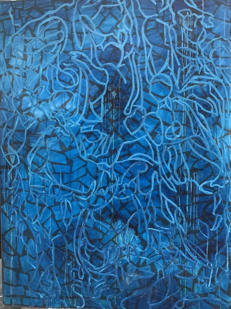 
Roaring Springs Series; Untitled (Blue Pontormo abstraction) (2021) 36 x 48 in. Pontormo abstraction in line on blue book collaged ground.