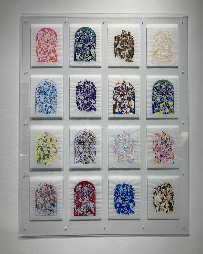 The World beyond intrudes into the world below (2023) Gouache on vellum in plexiglass