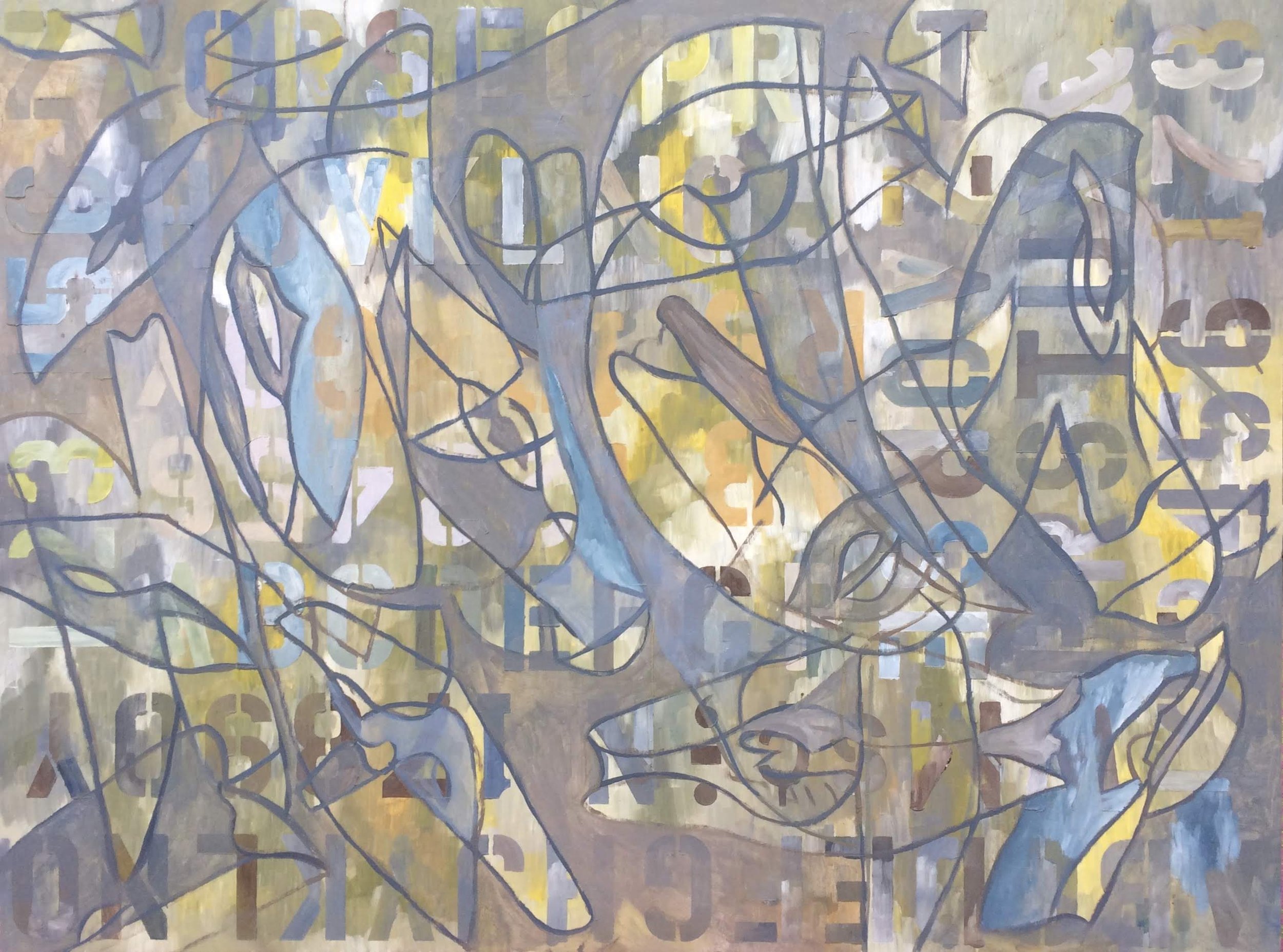 Something the mind already knows (2018) Oil on panel 48 x 36 in. Inspired by the stencils and familiar imagery used by Jasper Johns, and sliced apples for the line imagery