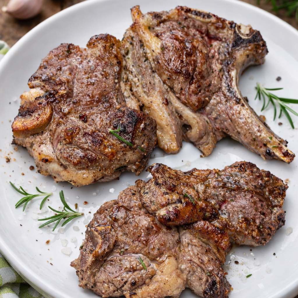 Cooked grilled GOAT meat chops garnished with rosemary on a white plate