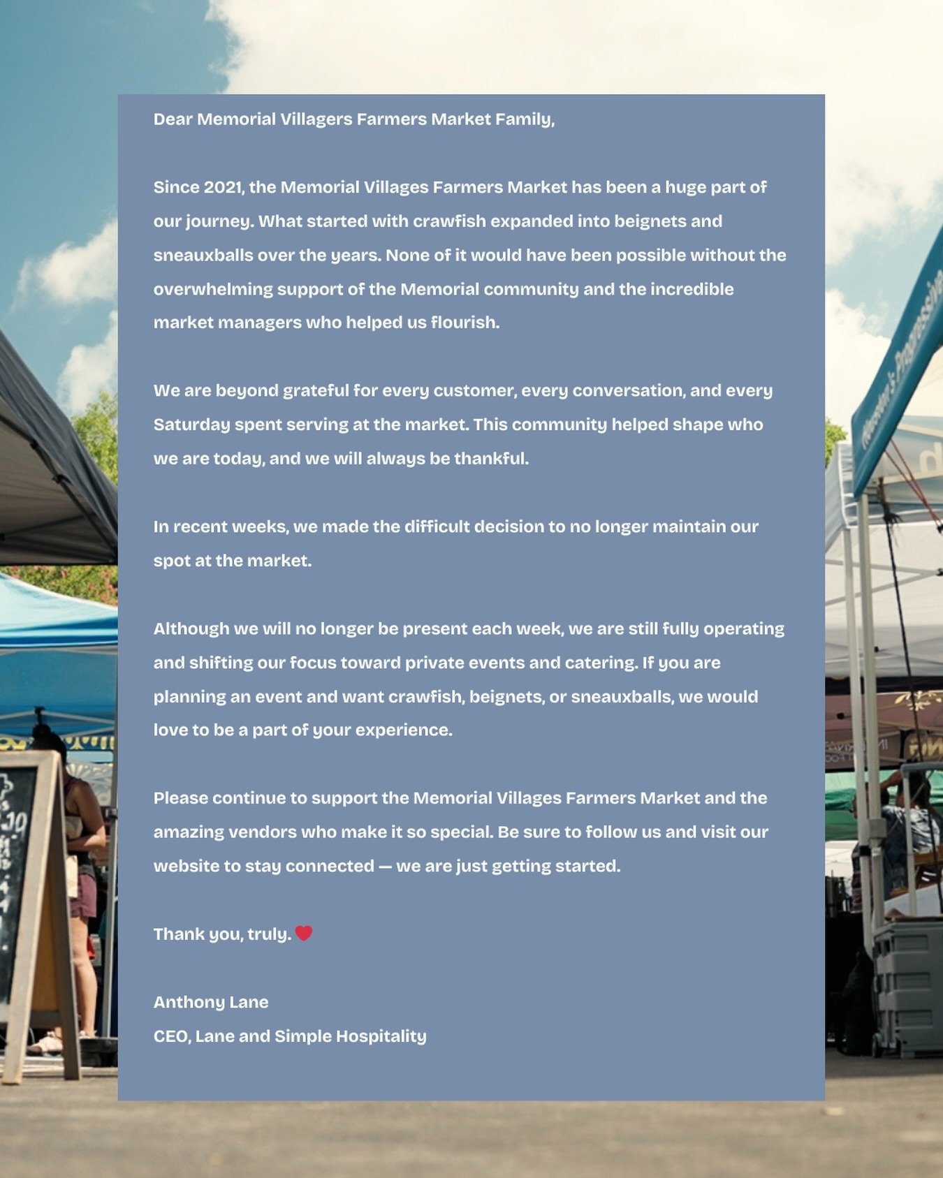 Thank you, Memorial Villages Farmers Market ❤️

#LaneAndSimple #Grateful #ThankYou #CommunityFirst #SmallBusinessLove LocalBusiness FarmersMarketLife MemorialVillages HoustonSmallBusiness SupportLocal LocalEats HoustonFoodScene EntrepreneurLife Small