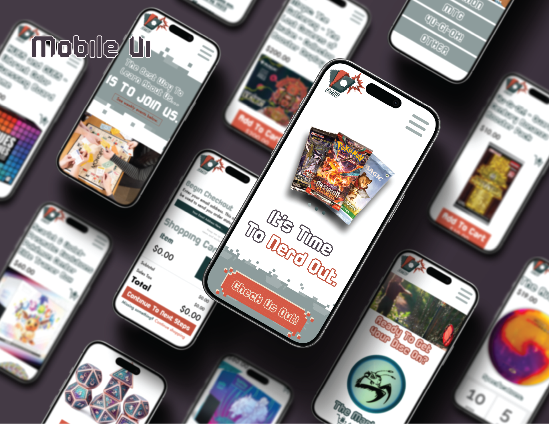 Multiple smartphones displaying various digital cards, games, and app screens related to the brand Deal Me in Games, with the central phone showing the message 'It's Time To Nerd Out.' and a red button labeled 'Check Us Out!'