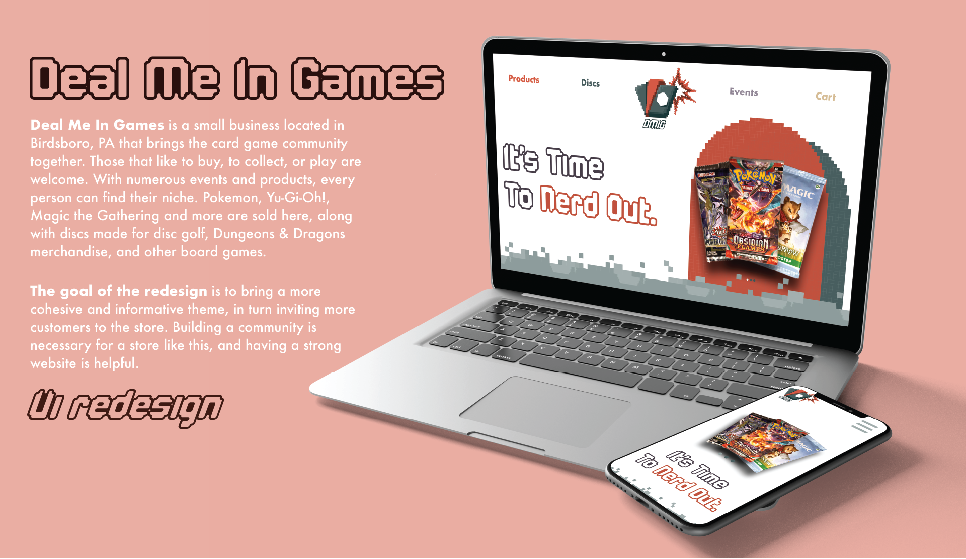 A mockup redesign of the business Deal Me In Games and their web UI design.
