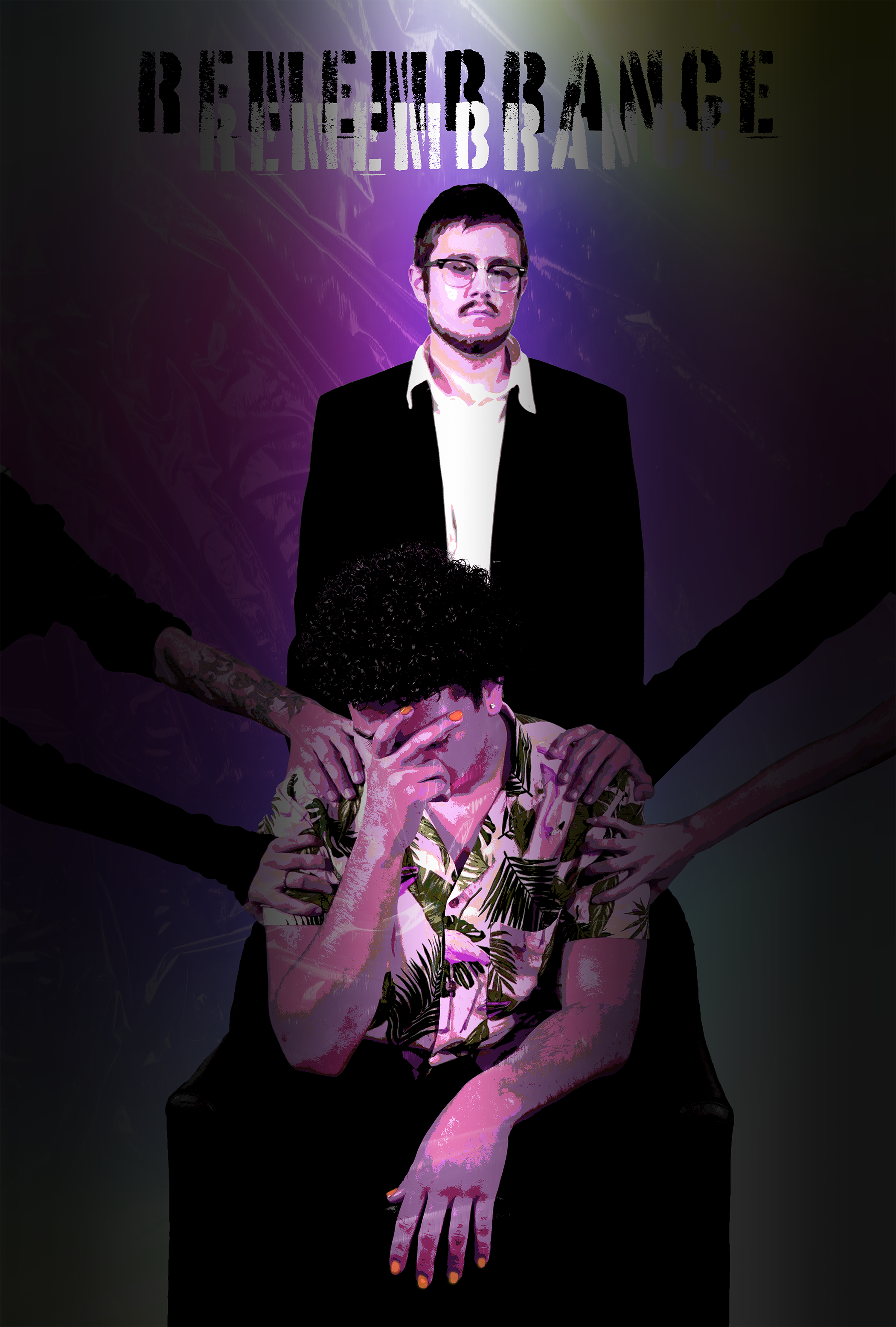 Movie poster for "Remembrance" by Aidan McKee featuring two men, one standing behind and one sitting with his head in his hands.