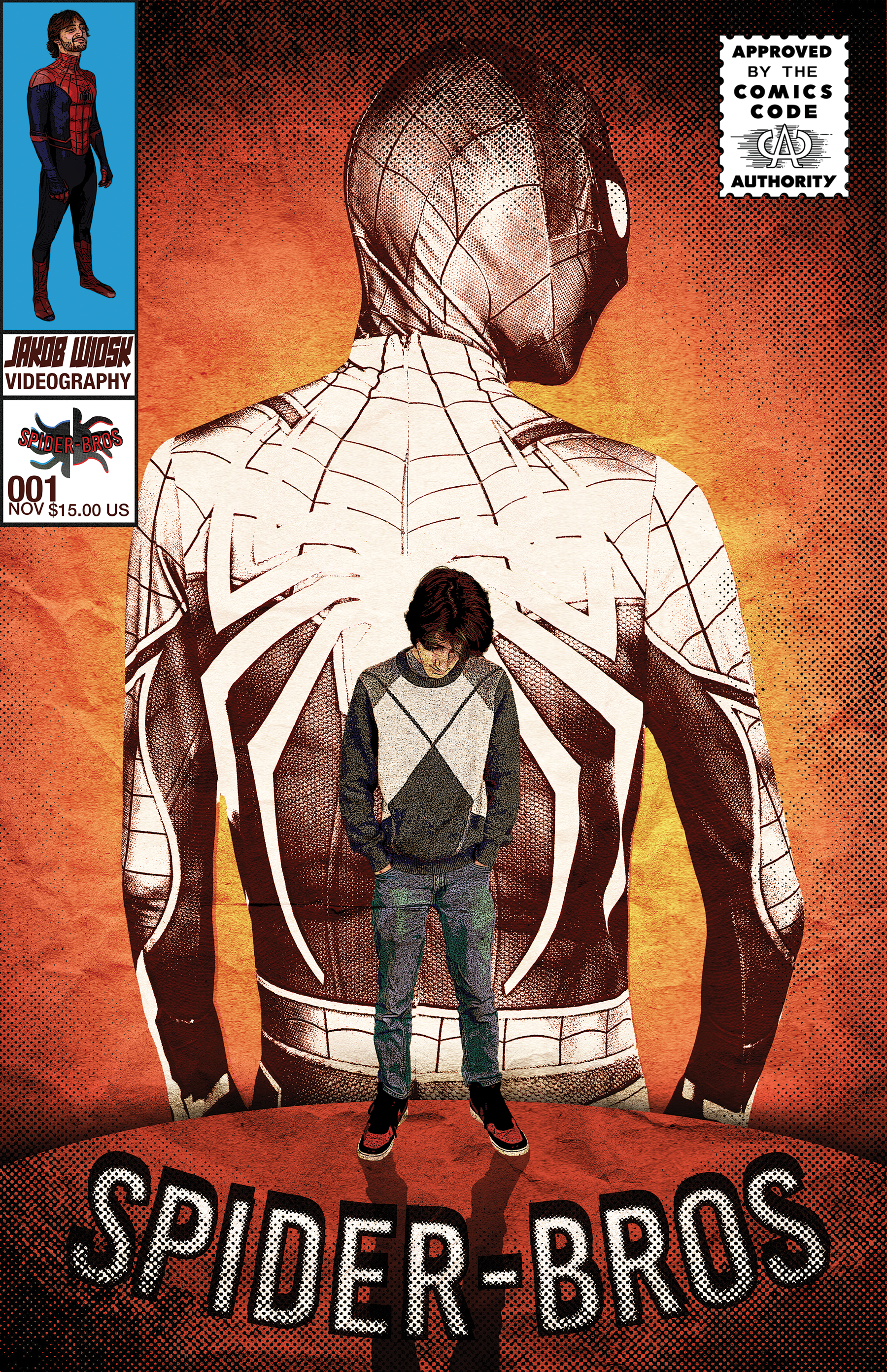 Poster cover art for a Spider-Bros comic with a large comic book character in a spider suit and a boy in front with his head bowed, on an orange background.