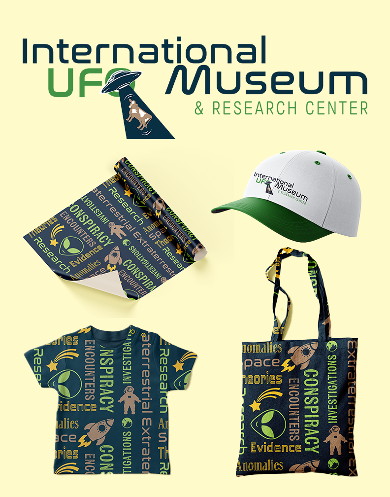 A refresh of International UFO Museum's logo along with three mockup merchandise items.