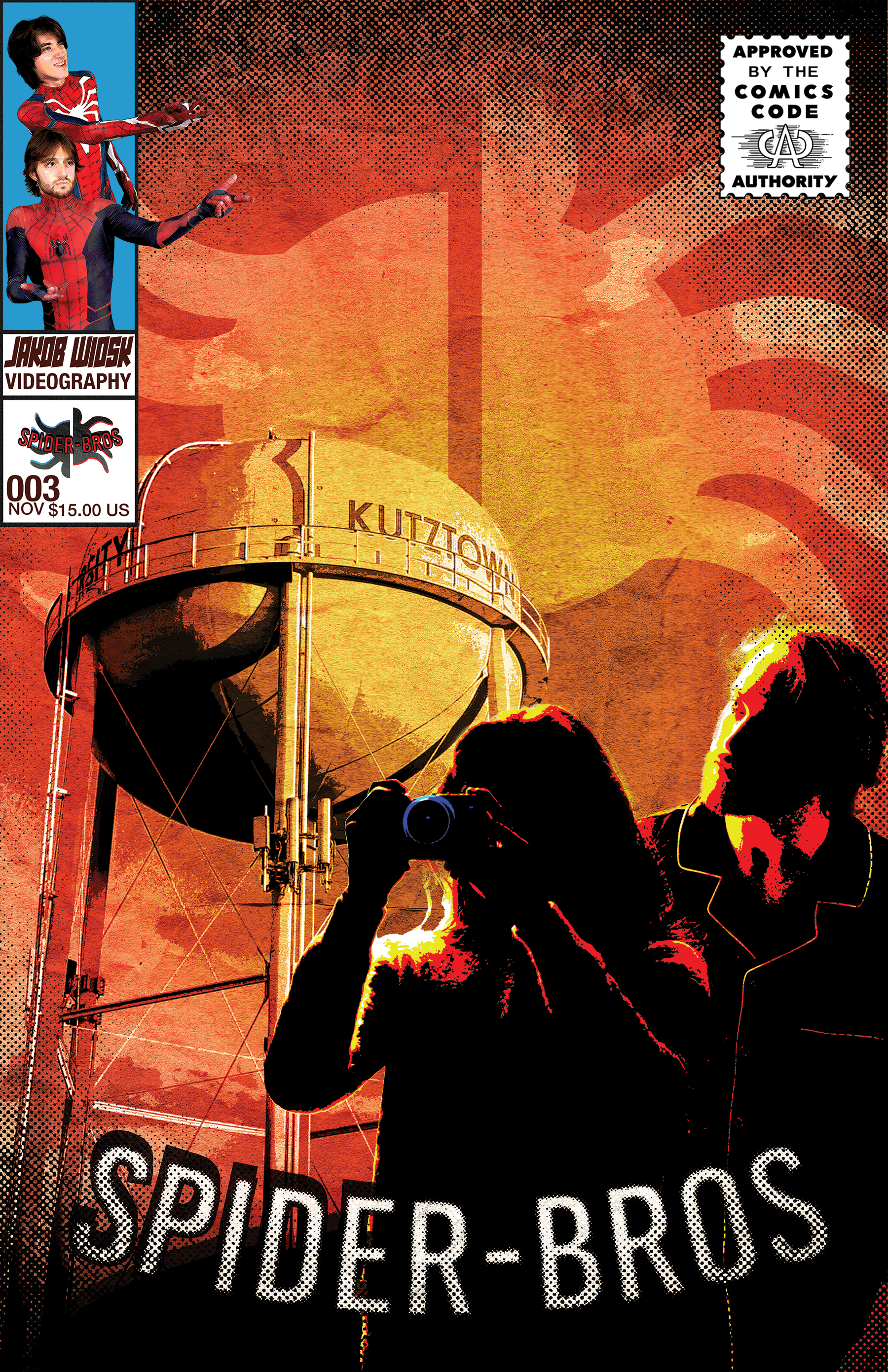 A stylized comic book cover poster, a water tower with a label of 'Kutztown', and two people, one taking a photograph. The cover has a red and orange background with halftone dots, and includes labels for "Spider-Bros" and "Jakob Wiosk Videography".