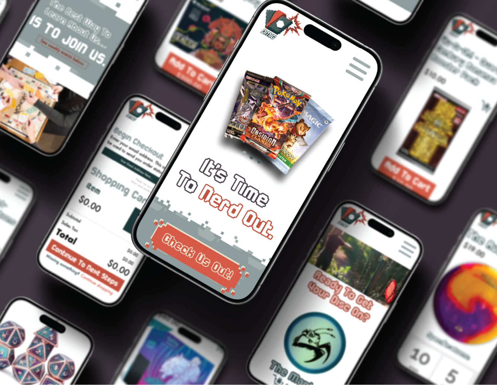 Multiple smartphones displaying a mobile app interface for an online store or digital shop, with some screens showing promotional banners, product images, checkout screens, and a central screen with pixel art style text saying, "It's Time To Nerd Out," and a button labeled "Check Us Out!"