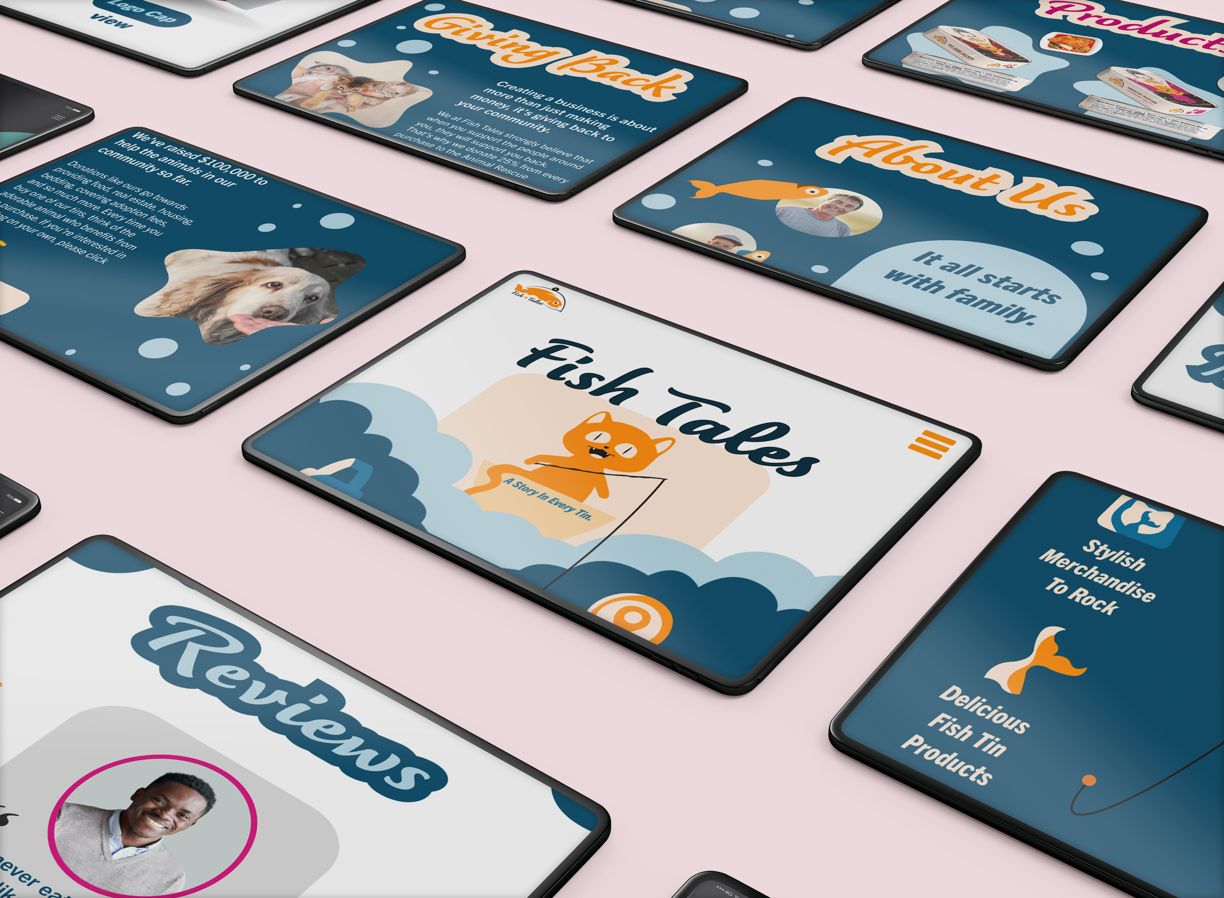 Multiple tablets displaying different website pages related to a brand called Fish Tales, featuring information about their mission, products, reviews, about us section, and engaging graphics of fish and cartoon characters.