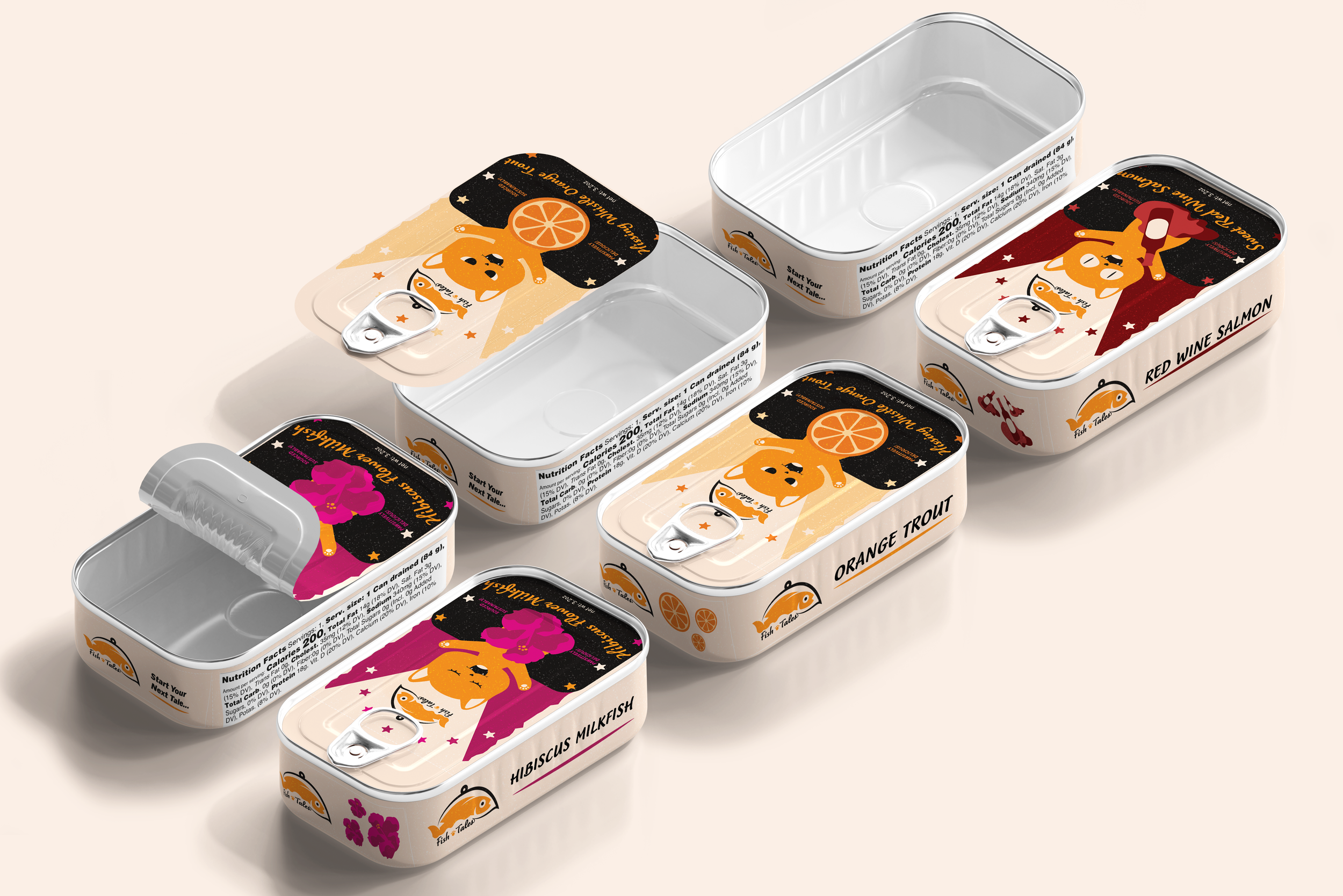 Open and closed canned fish tins with colorful cartoon labels featuring fish and vibrant designs.