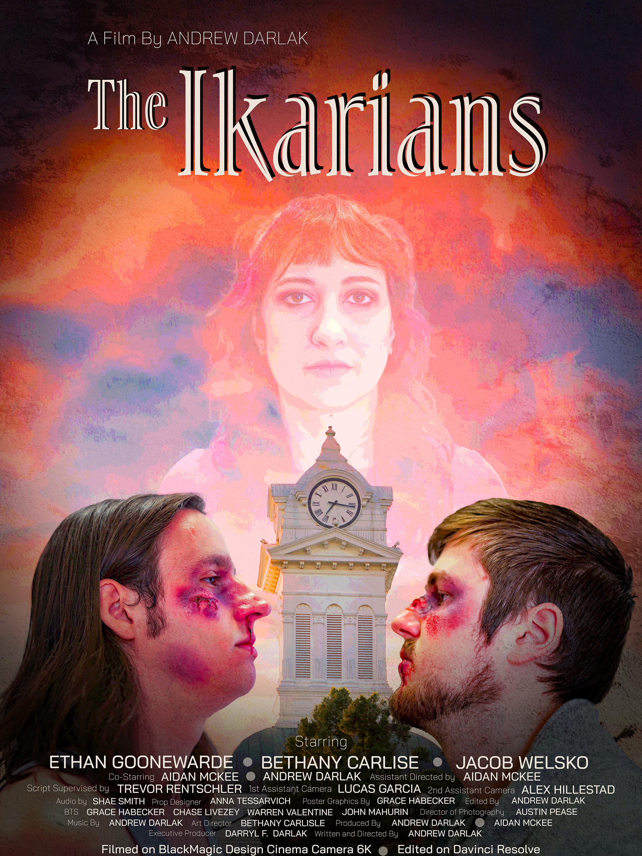 Movie poster for 'The Ilkarians' by Andrew Darlak featuring a young woman with reddish hair in the background, and two men with wounds and bruises facing each other in the foreground, a clock tower in the center.
