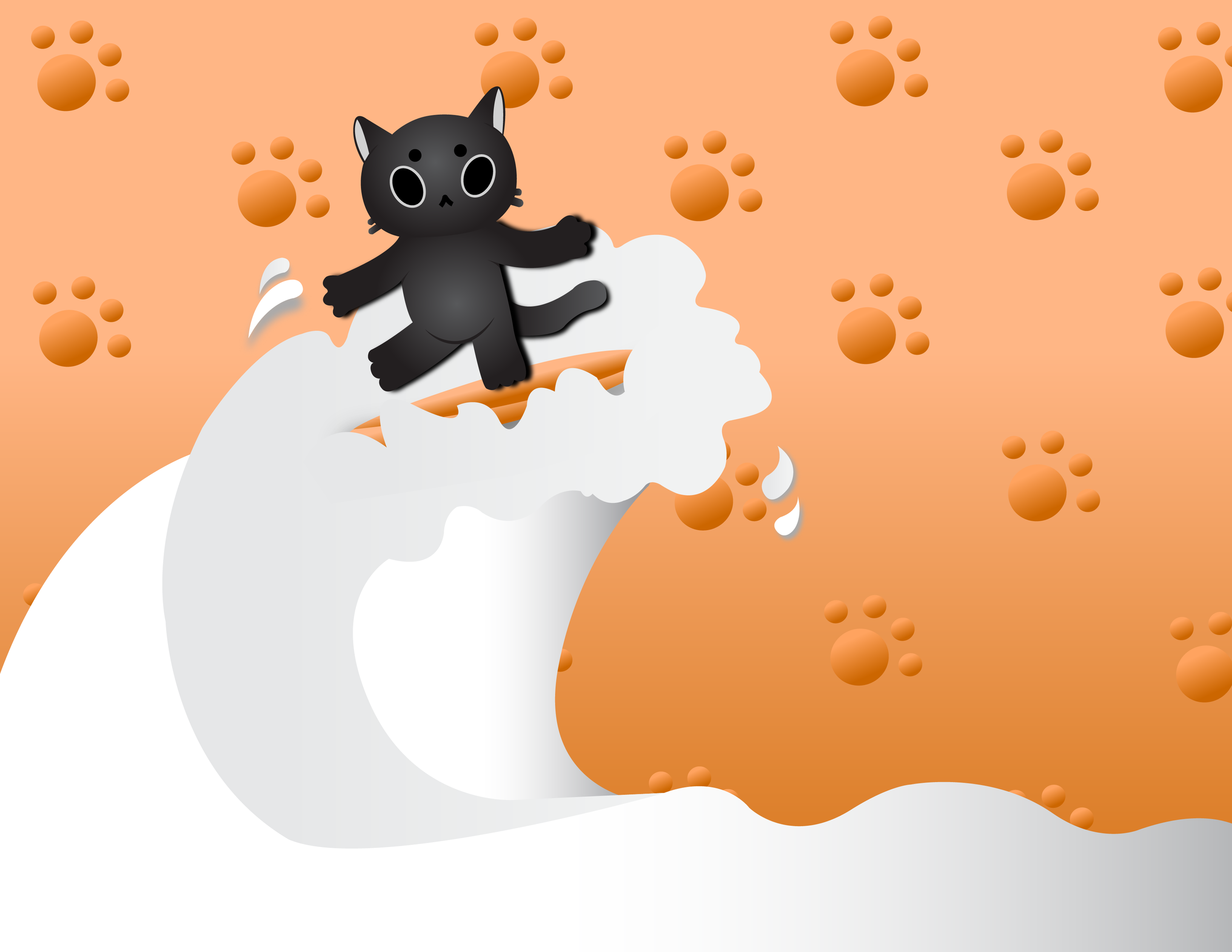 A vector art illustration of a cat surfing on a wave of milk.