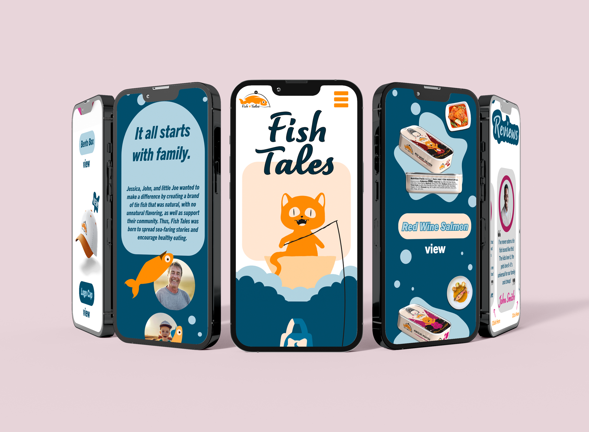 A mockup of a tin fish brand's mobile website design.