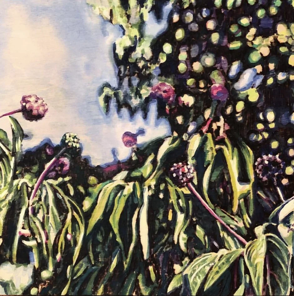 Coastal Maine Botanical Gardens. Woodburning and gouache. 11" x 11" framed. Handmade walnut frame by Evan H. Germann. 

Original: Sold I Prints: Not Available