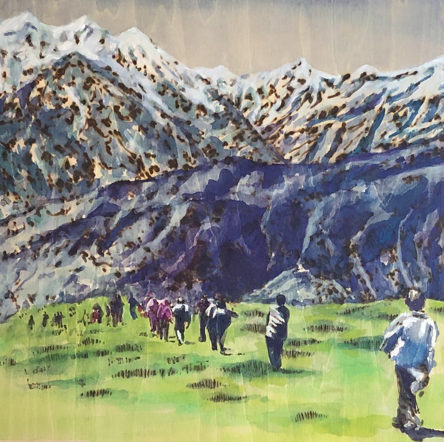 Under the Weight of the Mountains.
Watercolor and woodburning.
Handmade walnut frame by Evan H. Germann. 
15.5" x 15.5" 

Original: Sold I Prints: Not Available