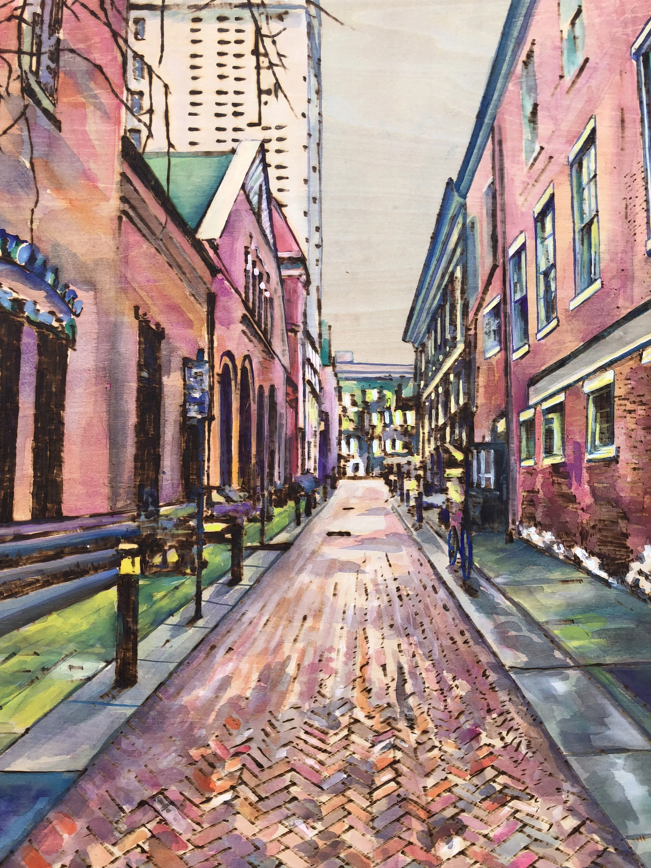 William Henry Place. Central Market. Woodburning and gouache. 28" x 40" framed. Handmade walnut frame by Evan H. Germann. Original: Sold I Prints: Available