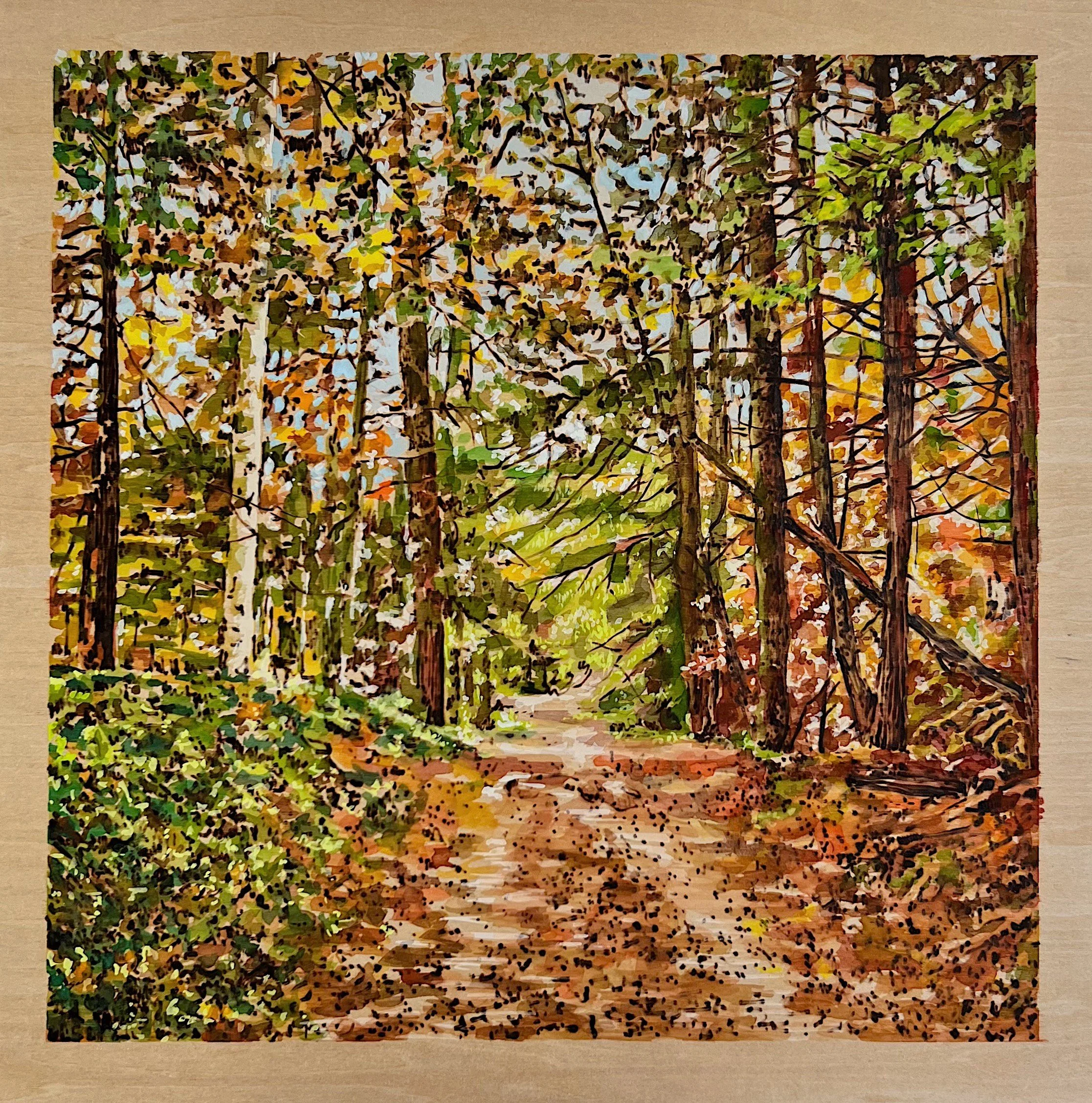 Fern Cliff Wildlife and Wildflower Preserve. Woodburning and gouache. 20.75 x 20.75” framed. Handmade walnut frame by Evan H. Germann. Inspired by photography of Michelle Johnsen. 

Original: $1400 I Prints: available