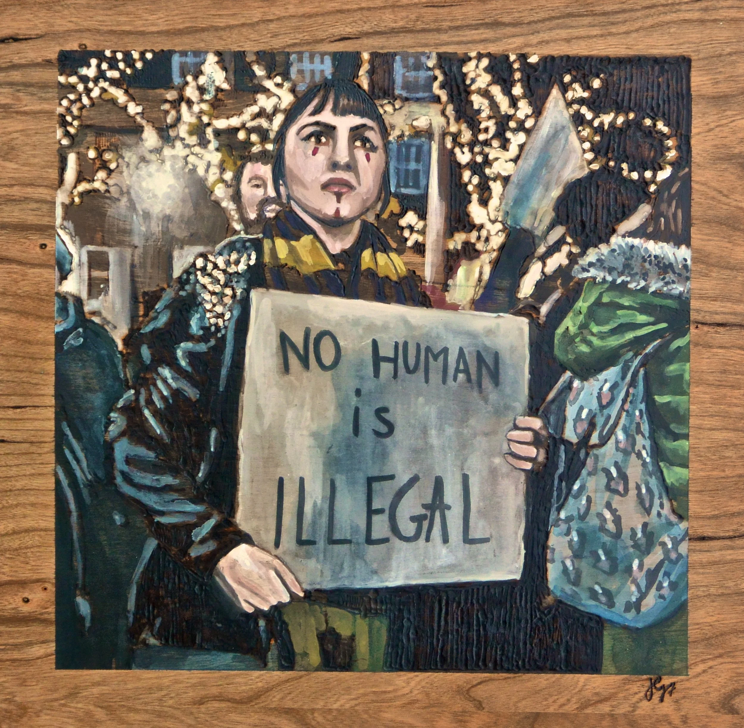 No Human Is Illegal. Downtown Lancaster. Woodburning and watercolor. 15" x 15" framed. Handmade walnut frame by Evan H. Germann. Inspired by photography from Joyous Snyder.  

Original: Sold I Prints: Available