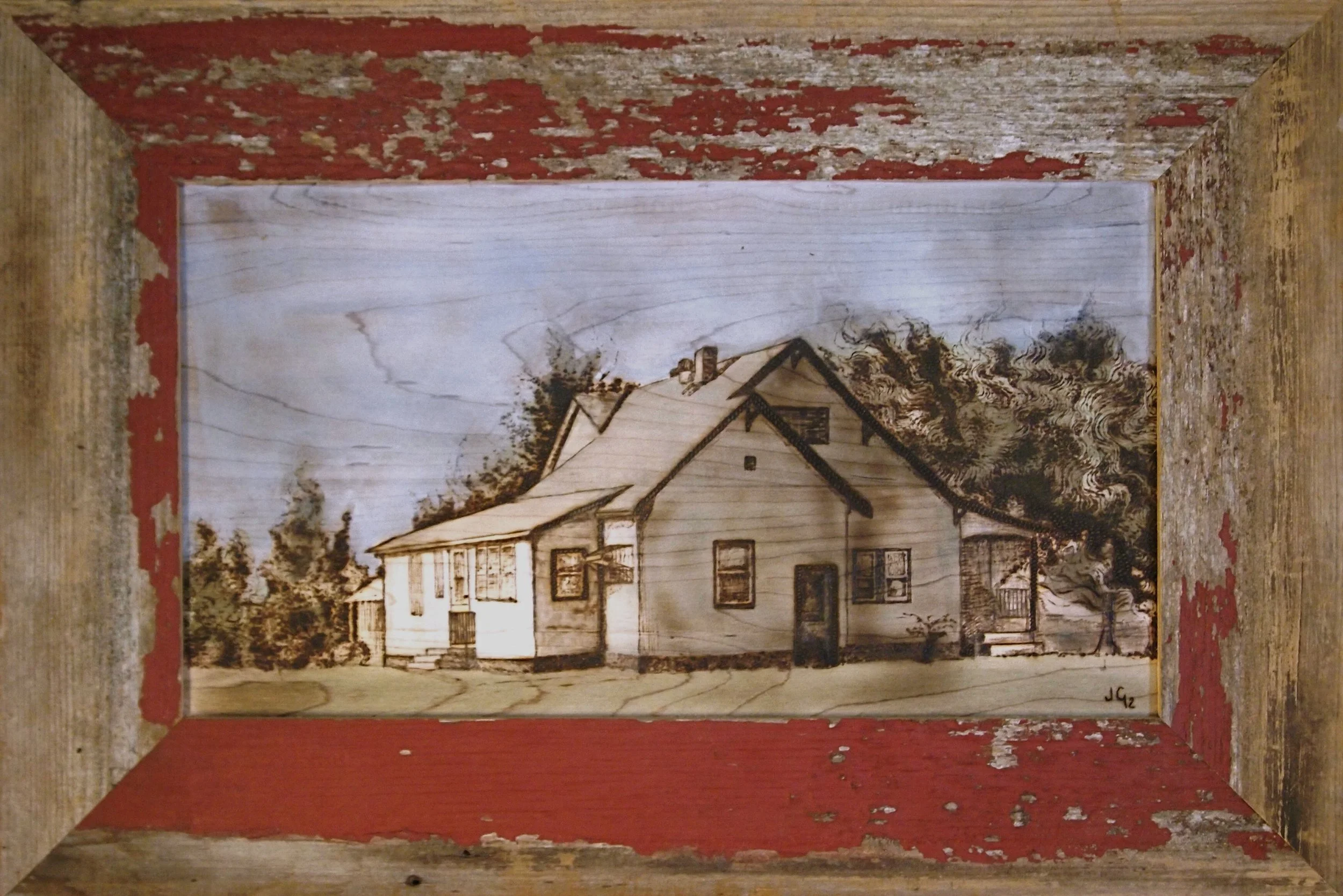The Farmhouse. 
Watercolor and woodburning. Handmade barn wood  frame by Evan H. Germann. 14"x20".

Original: Private Collection I Prints: Available