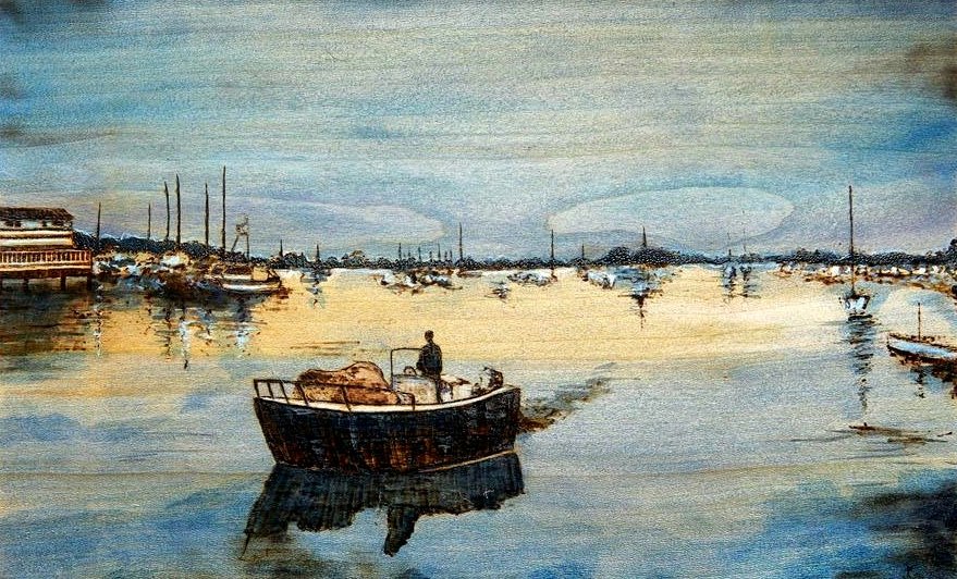 Boothbay at Dusk. Watercolor and woodburning of Boothbay, Maine. Handmade walnut frame by Evan H. Germann. 17.75" x 24.75" 

Original: Sold I Prints: Available
