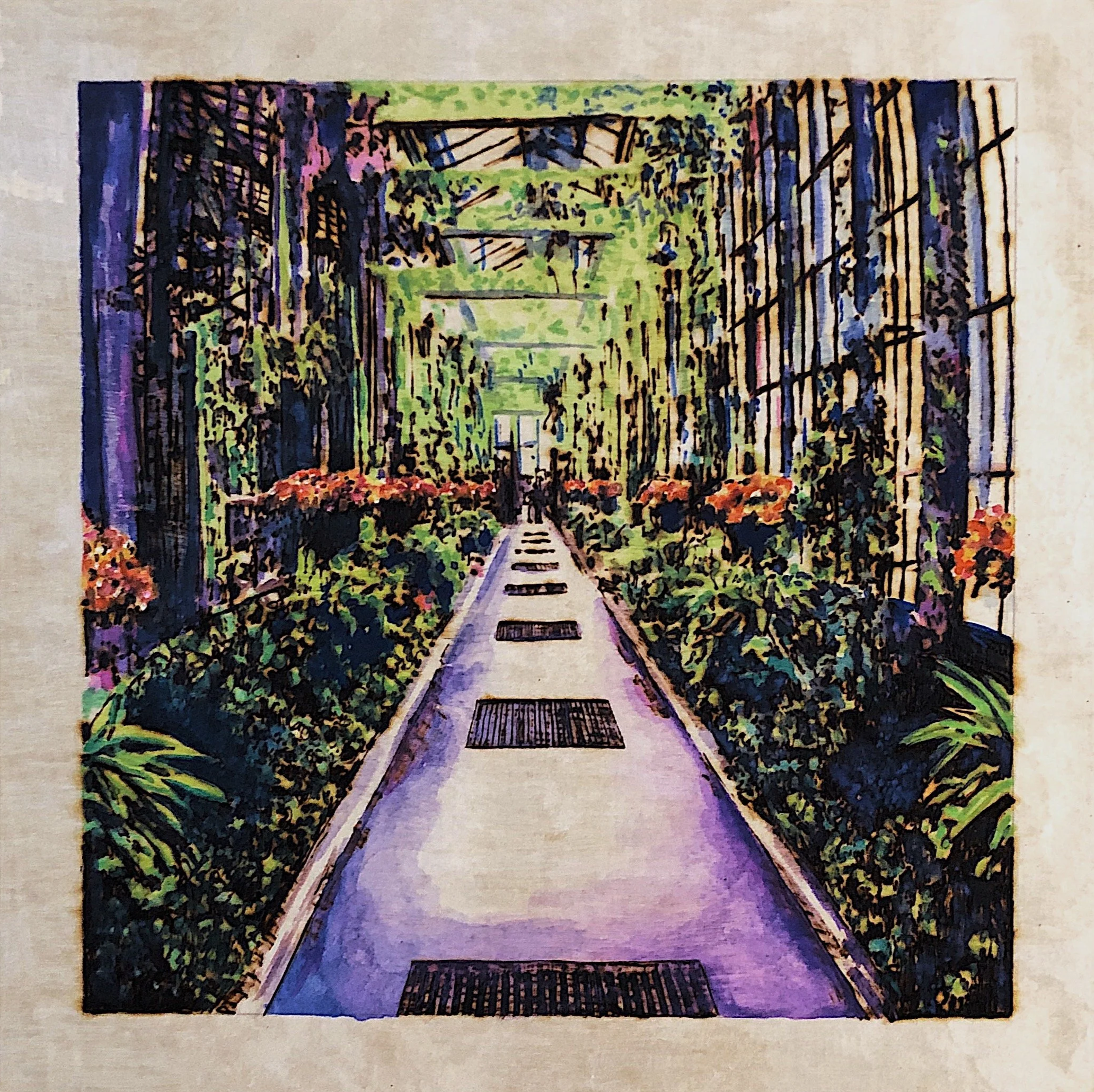 Longwood Gardens. Woodburning and gouache. 16" x 16" framed. Handmade walnut frame by Evan H. Germann. 

Original: Sold I Prints: Available