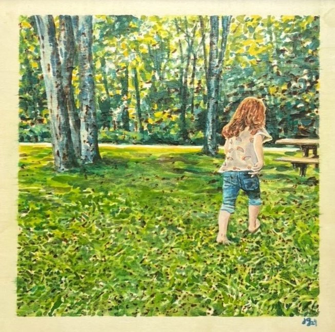 Simple Joy. Woodburning and gouache. 16.75 x 16.75” framed. Handmade walnut frame by Evan H. Germann. 

Original: Sold I Prints: Available