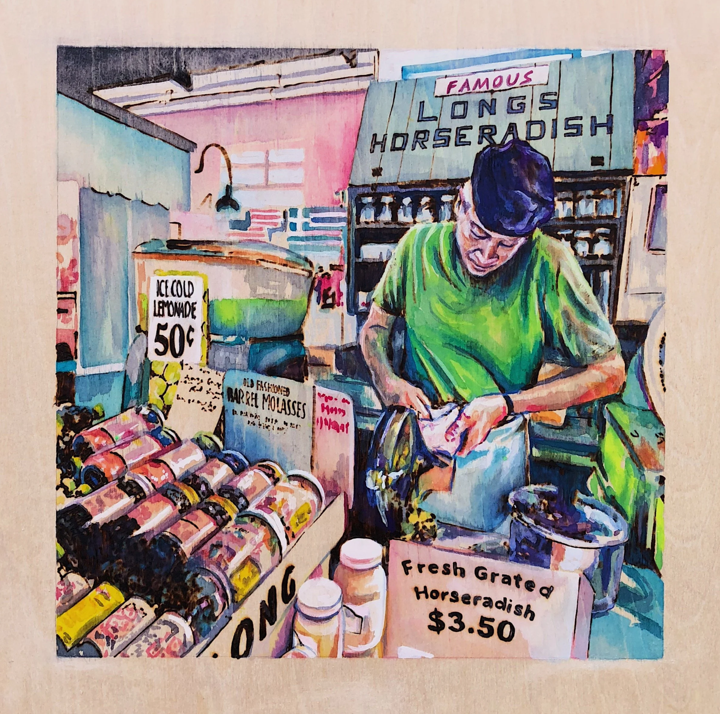 Long's Horseradish. Central Market. Woodburning and gouache. 16" x 16" framed. Handmade walnut frame by Evan H. Germann. 

Original: Sold I Prints: Available