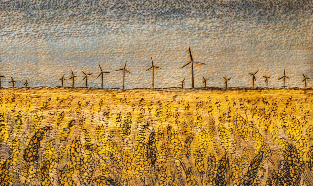 Wind Farm. Woodburning and ink in handmade frame by Evan H. Germann 10.25"x12.25".

Original: Sold I Prints: Not Available