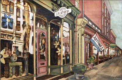 Antiques. Downtown Lancaster. Woodburning and mixed media. 21"x 30". Handmade frame by Evan H. Germann. 

Original: Sold I Prints: Not Available