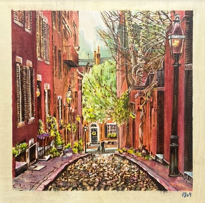 Strolling. Woodburning and gouache. 16.75 x 16.75” framed. Handmade walnut frame by Evan H. Germann. 
Original: $1100 I Prints: Available