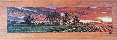 Granite Run. Downtown Lancaster. Woodburning and watercolor. 19" x 9" framed. Handmade walnut frame by Evan H. Germann.

Original: Sold I Prints: Available