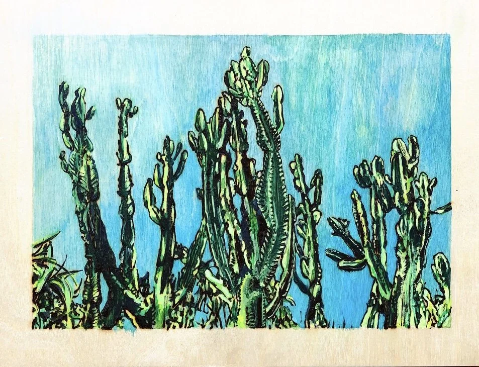 California Blue. Woodburning and gouache. 16" x 13" framed. Handmade walnut frame by Evan H. Germann. 

Original: $700 I Prints: Available